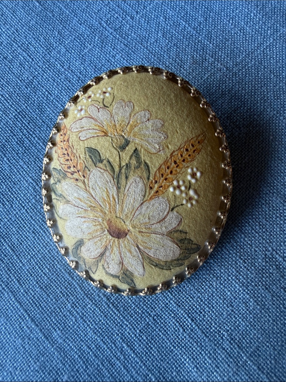 Hand Painted Floral Yellow Oval Brooch with Gold Trim